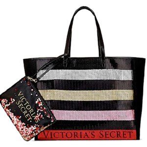 VICTORIA'S SECRET BLACK SEQUIN STRIPE WEEKENDER BAG GETAWAY CARRY ON LARGE TOTE